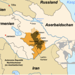 Arzach und umgebende Staaten von 1994 bis 2020 ﻿ von Arzach beherrscht, ehem. autonomes Bergkarabach ﻿ von Arzach beherrscht, außerhalb des früher autonomen Bergkarabach ﻿ von Aserbaidschan beherrscht, aber von Arzach beansprucht