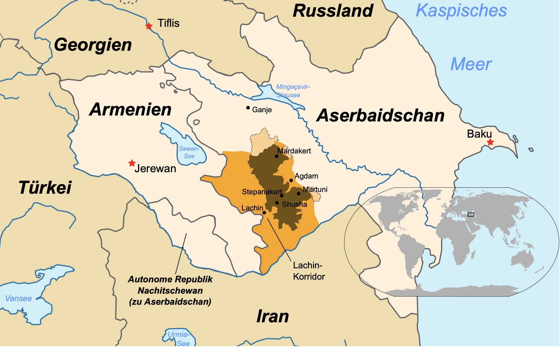 Arzach und umgebende Staaten von 1994 bis 2020 ﻿ von Arzach beherrscht, ehem. autonomes Bergkarabach ﻿ von Arzach beherrscht, außerhalb des früher autonomen Bergkarabach ﻿ von Aserbaidschan beherrscht, aber von Arzach beansprucht
