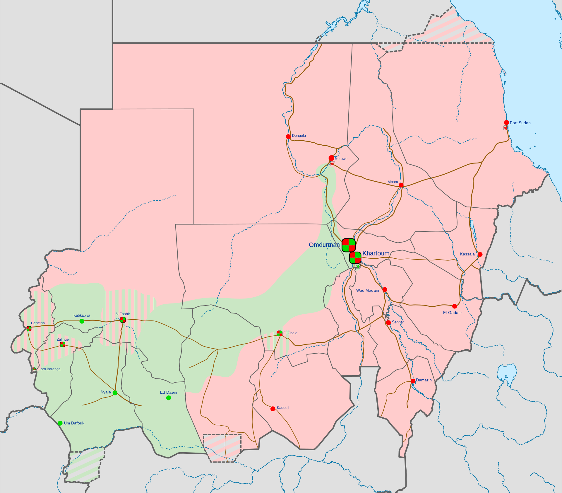 Map of the 2023 Sudan clashes. Adapted from Sudanese Internal Conflict.svg Location dot red.svg Controlled by the Flag of Sudan.svg Sudanese government Dot green 0d0.svg Controlled by the Emblem of the Rapid Support Forces.png Rapid Support Forces