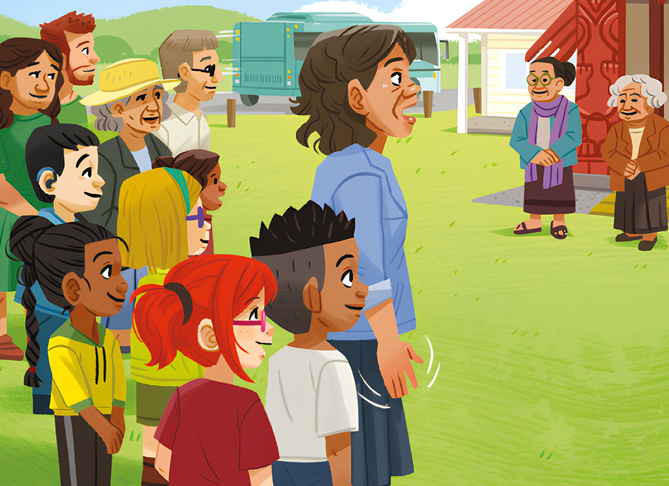 At the Marae – Big book: Dieses große Buch ist Teil der Reihe „Ready to Read Phonics Plus“. Es handelt von einem Schulbesuch in einem Marae. Foto: newzealandcurriculum.tahurangi.education.govt.nz