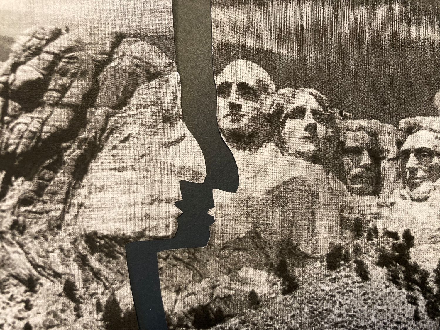 A photo montage of Mount Rushmore in South Dakota featuring the famous four presidential heads